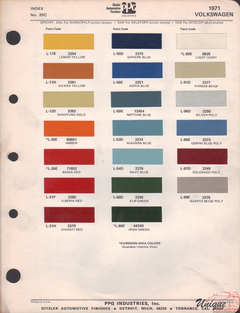 1971 Volkswagen Paint Charts PPG 1